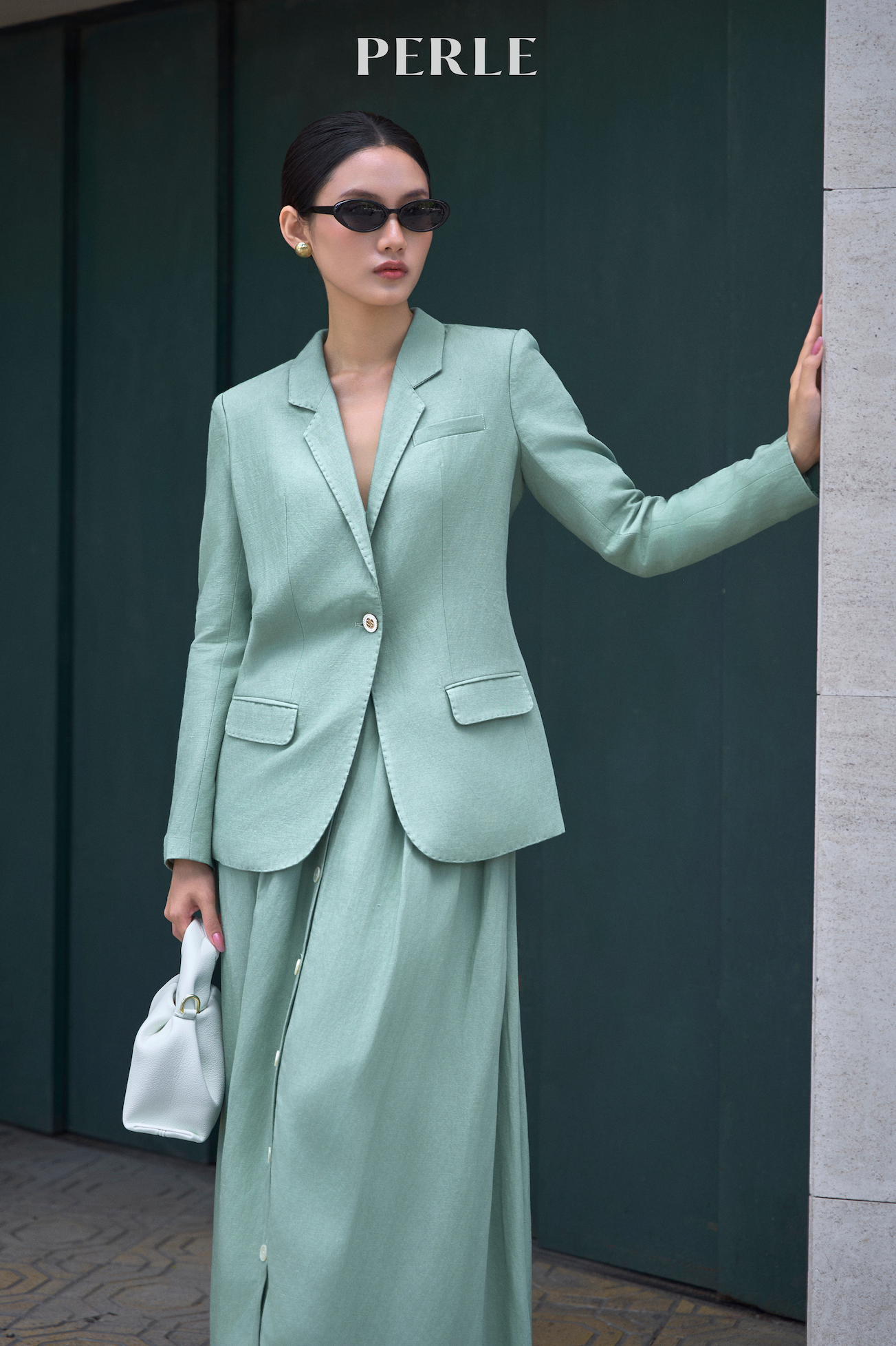 Chân Váy 65% Linen 2 Lớp Cúc - Xanh