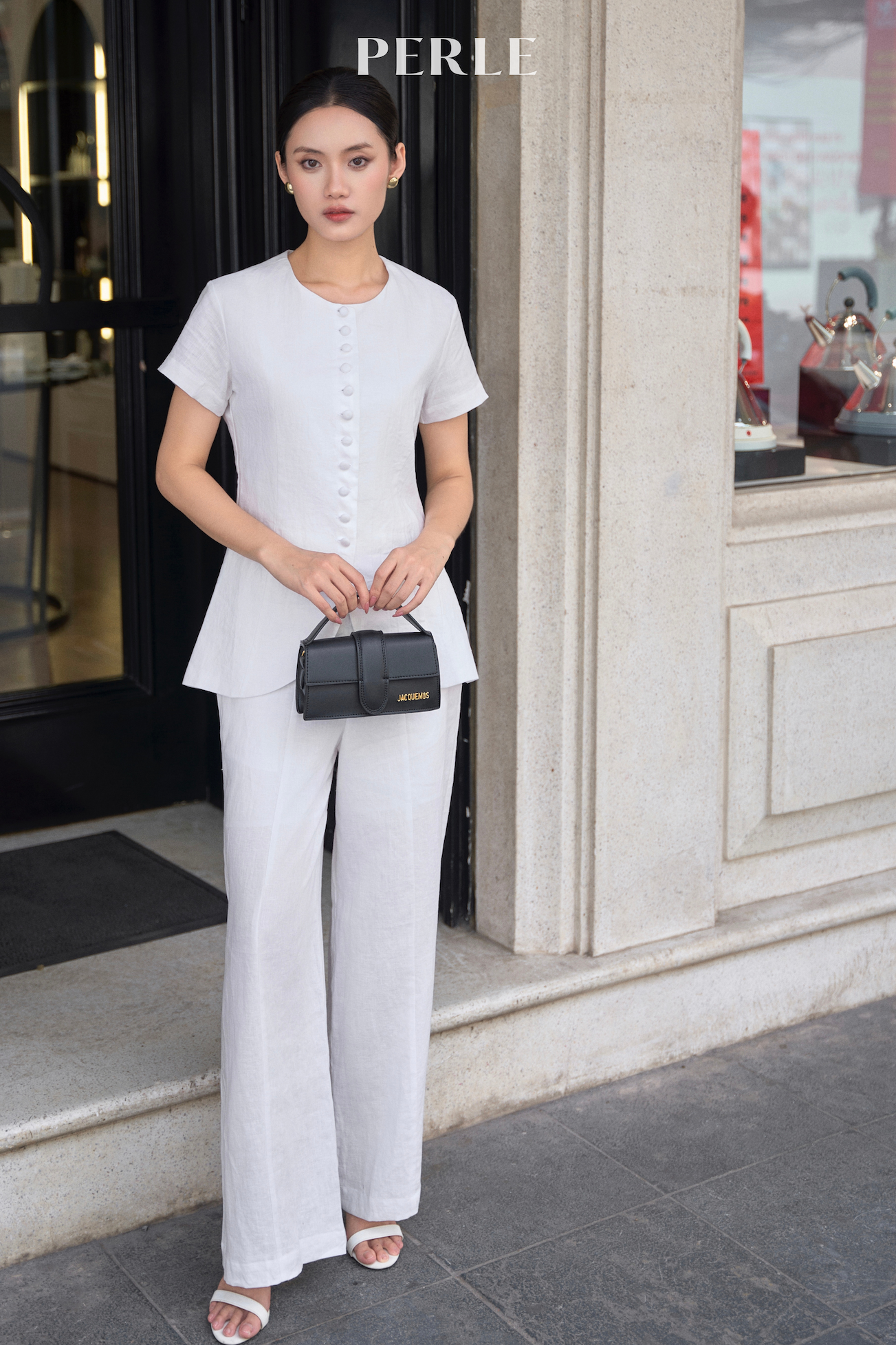 Áo Vest 100% Linen 2 Lớp Cúc Bọc Tay Cộc - Trắng Tinh