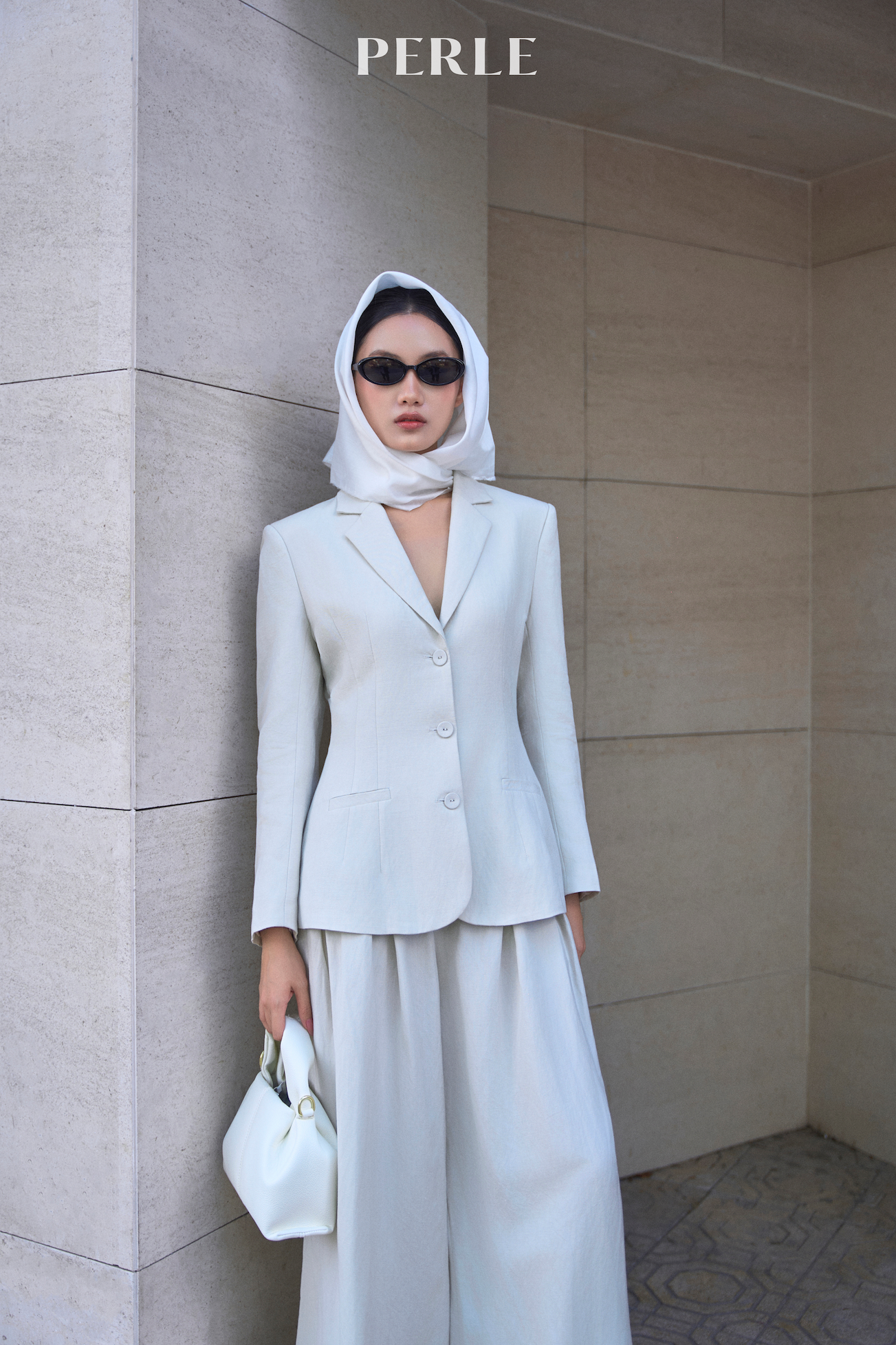 Quần Linen 65% Cạp Liền Ống Rộng - Trắng Xám